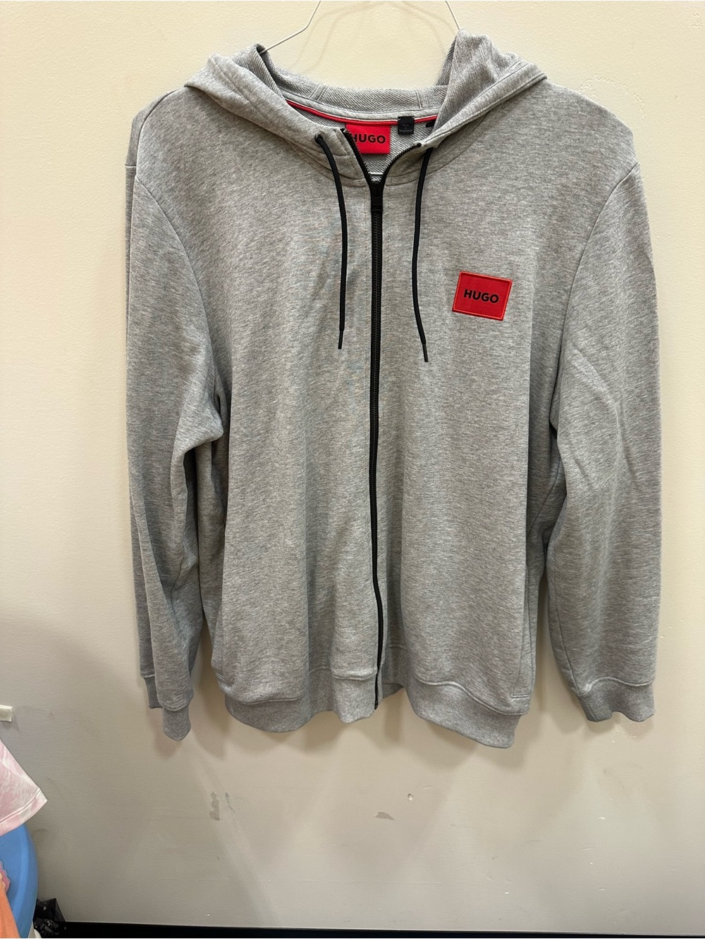 HUGO Gray Zip-Up Hoodie with Red Logo Patch